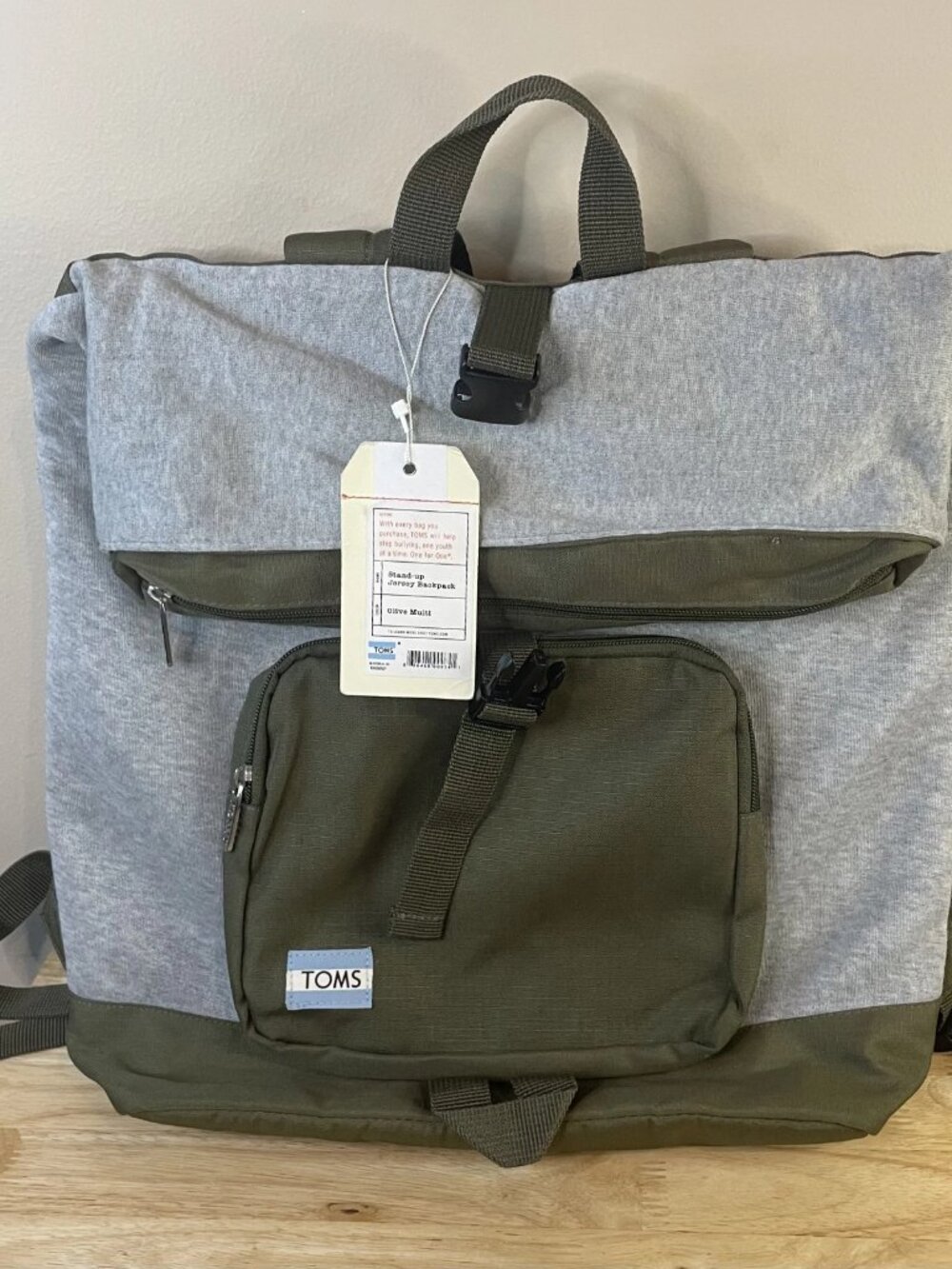 Vintage TOMS StandUp Backpack Unisex Olive Gray Jersey NWT Laptop